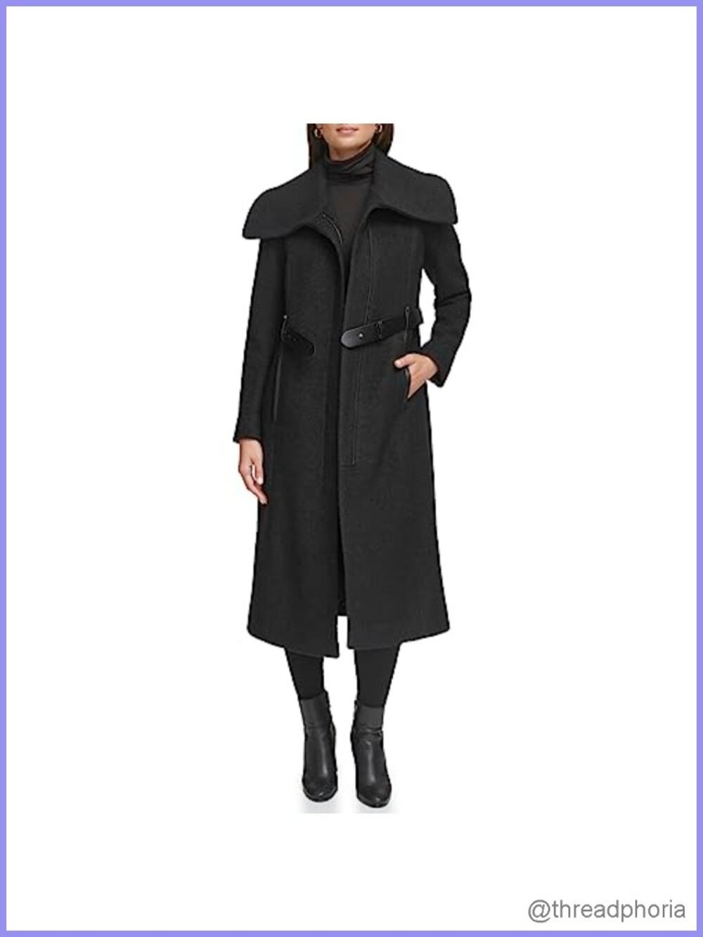 Textured Twill Wool Blend Long Coat Faux Leather Belt Detail